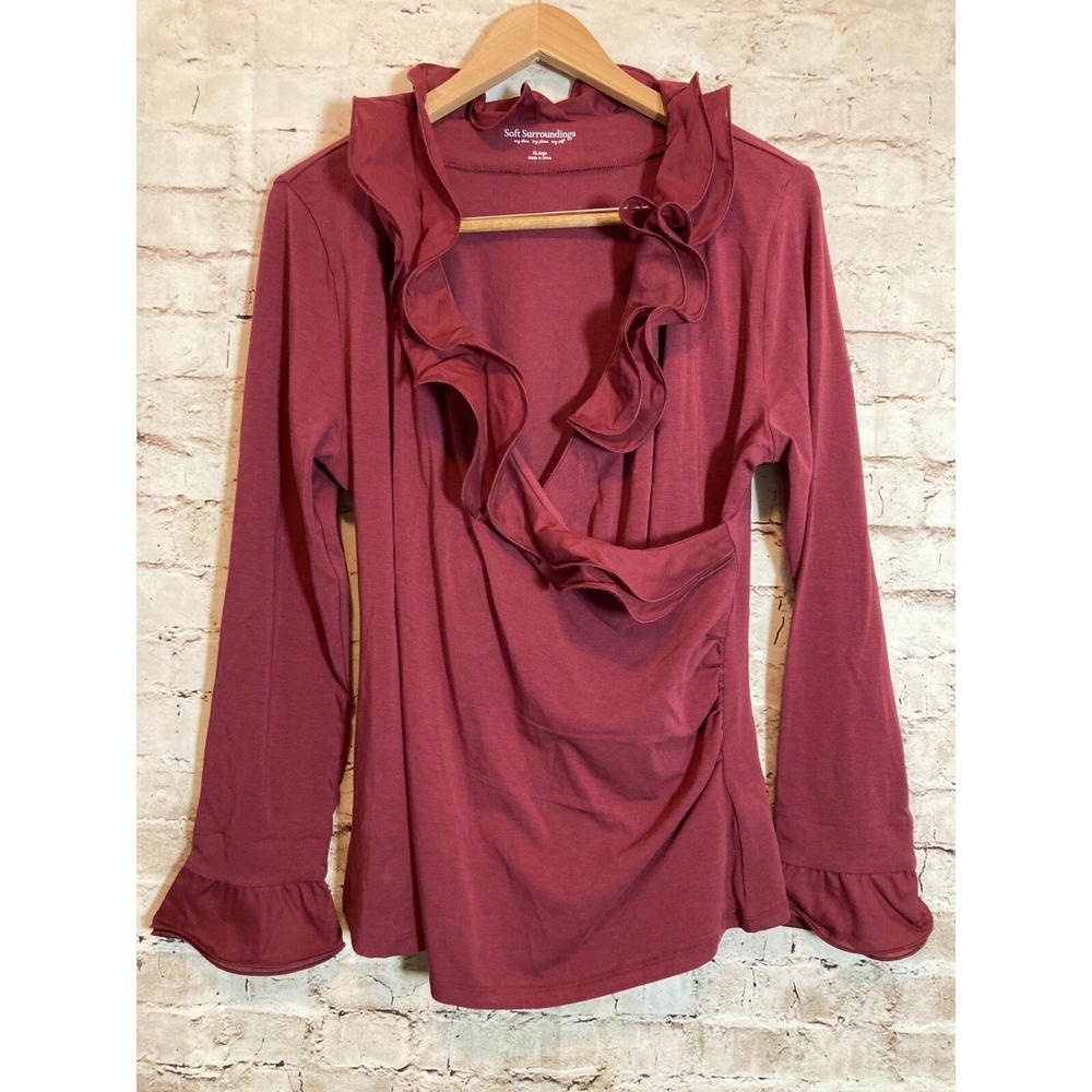 Soft Surroundings Top Womens XL Maroon Ruffle Trim Bell Sleeve Coquette Feminine